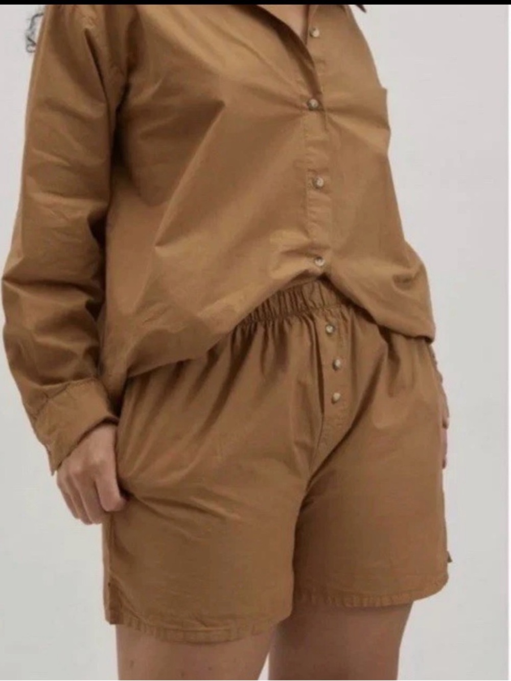 DONNI. Pop Boxer in Camel Tan Brown Button-Front 100% Cotton Shorts NEW